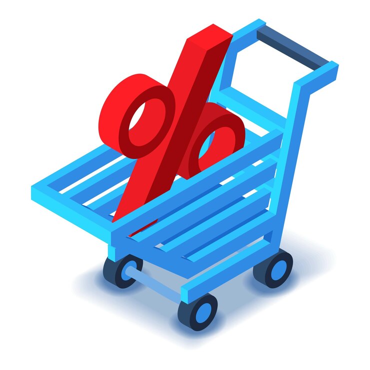Vetor carrinho de compras com ícone de sinal de porcentagem ilustração isométrica do ícone vetorial de carrinho de compras para web design
