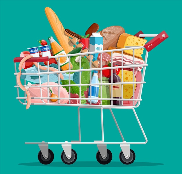 Vetor carrinho de compras com produtos frescos mercearia supermercado alimentos e bebidas leite legumes carne frango queijo salsichas salada pão cereais bife ovo ilustração vetorial estilo simples