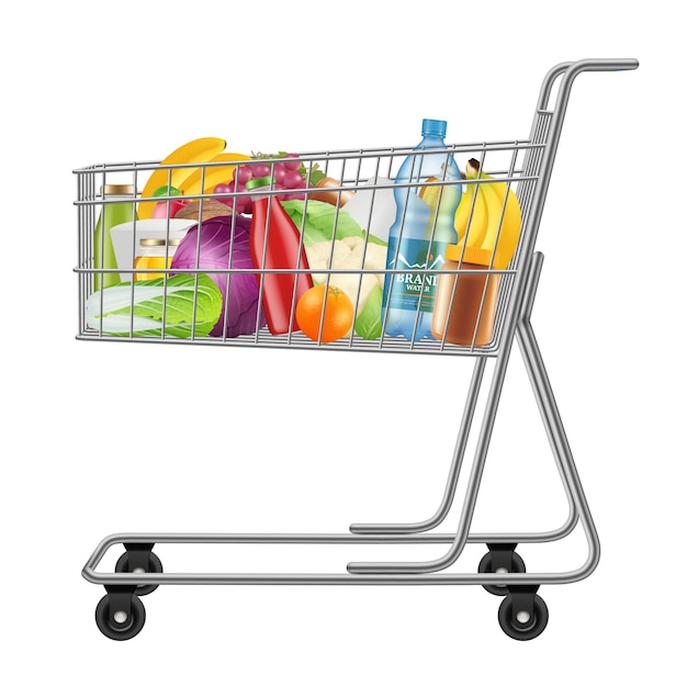 Vetor carrinho de compras com produtos. supermercados sacolas cheias de supermercado com ilustrações vetoriais decentes de produtos frescos. carrinho de supermercado ou loja cheio com a compra