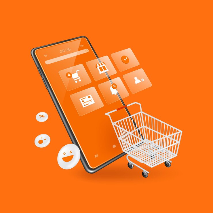 Vetor carrinho de compras e ícones que representam aplicativos de compras online flutuando na tela do smartphone e há um ícone de smiley flutuando ao lado de itvector 3d isolado em fundo laranja para publicidade
