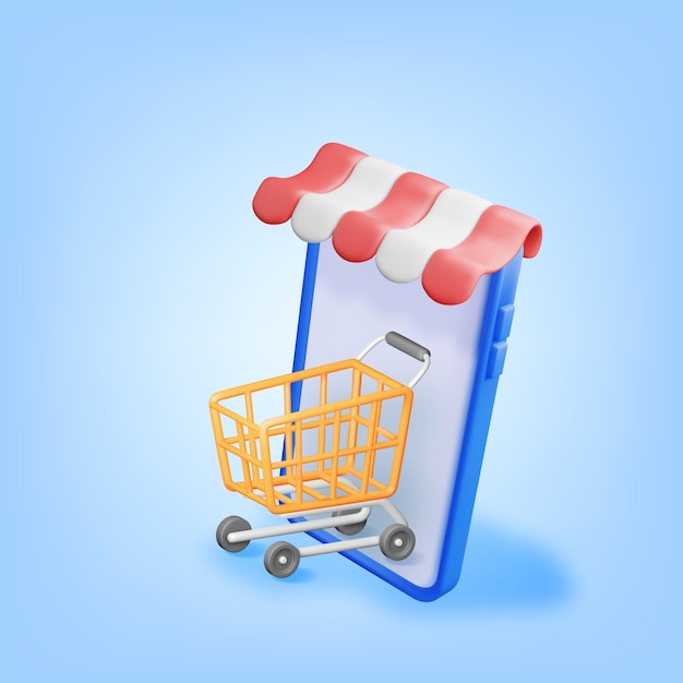 Carrinho de compras e smartphone de toldo listrado 3D