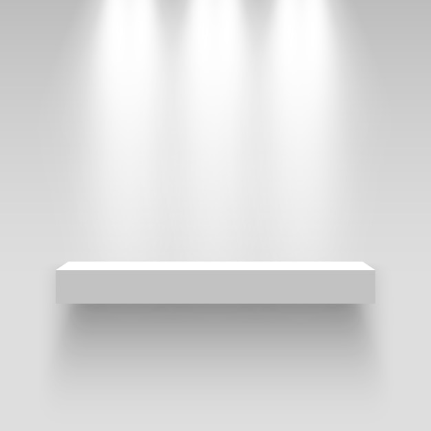 Carrinho de exposição branco, iluminado por holofotes. pedestal. estante.