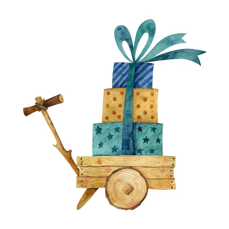 Vetor carrinho de mão de madeira aquarela de presentes clipart vetorial de aniversário ilustração de berçário