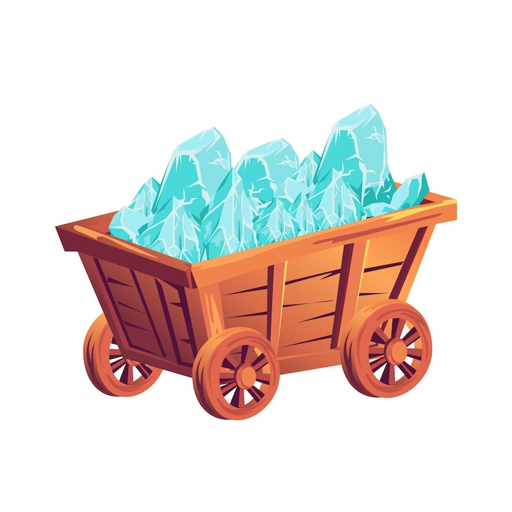 Vetor carrinho de mineração com cristais azuis em design plano carrinho de madeira com pedras preciosas ilustração vetorial isolada
