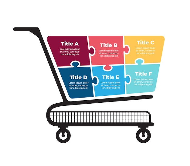 Carrinho de quebra-cabeça de compras Apresentação infográfica Loja comércio de publicidade no varejo Marketing digital