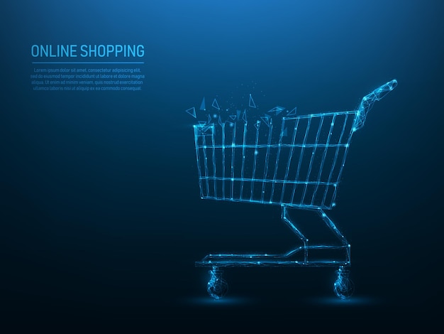 Vetor carrinho supermercado low poly wireframe compras on-line e conceito de comércio eletrônico.