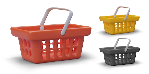 Carrinhos de compras 3D de cor vermelha, cinza e amarela Ícones realistas com sombras em fundo branco Equipamento de loja Conjunto de cestas de plástico vazias com buracos