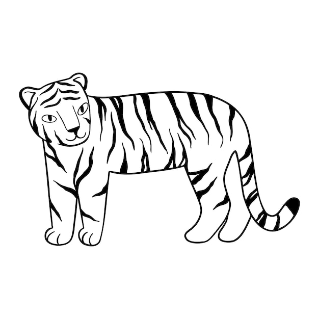 Carrinhos de tigre doodle, desenhados à mão. bonito tigre chinês desenhado com linhas pretas. ilustração vetorial isolada no fundo branco