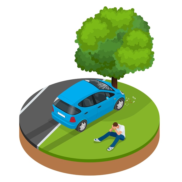 Carro bateu em árvore. Seguro de trânsito de colisão de acidente de carro. Desastre de emergência automóvel de segurança de acidente de carro. Acidente de carro envolvendo ilustração isométrica do vetor de rua da cidade de acidente de carro.