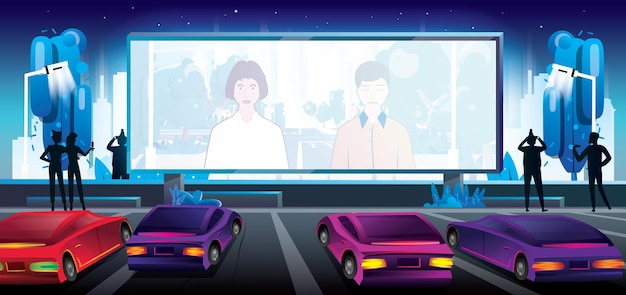 Carro cinema cinema ao ar livre na cidade ilustração vetorial grande tela brilhante com cena de filme carros estacionados