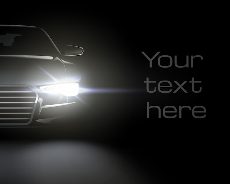 Vetor carro com faróis brancos. composição realista de cenário noturno e faróis de automóveis elegantes com espaço para texto
