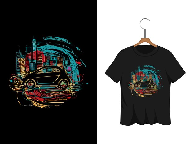 Vetor carro com ilustração da cidade para design de camisetas