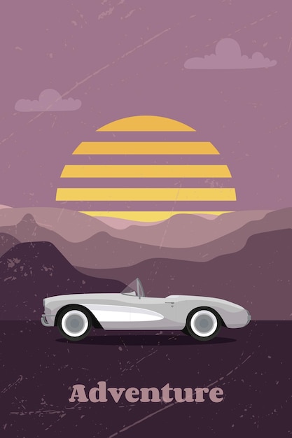 Vetor carro corveta clássico ao redor do pôr do sol das montanhas cartaz de aventura em estilo retrô vetor
