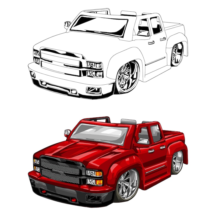 Vetor carro de caminhão isolado no fundo branco. carro de corrida. silhueta abstrata. arte de linha. ilustração vetorial.