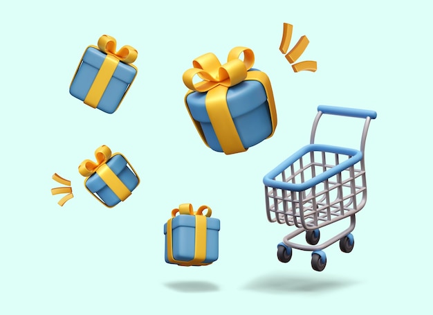 Carro de compras vazio, caixas de presentes flutuantes de diferentes formas, hora de celebrar.