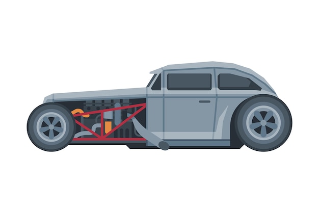 Carro de corrida de estilo retro, veículo esportivo velho, cinza, ilustração vetorial em fundo branco