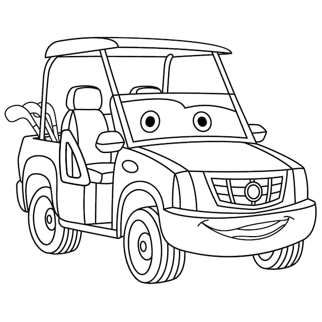 Vetor carro de golfe. veículo de brinquedo dos desenhos animados com cara engraçada. página do livro para colorir para crianças.