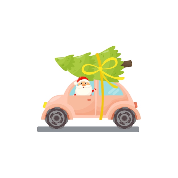 Carro de natal com papai noel e árvore de natal