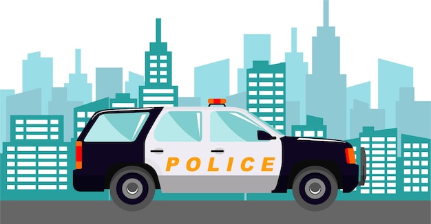 Carro de polícia em fundo de paisagem urbana moderna em ilustração vetorial de estilo plano