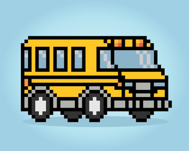 Carro de transporte de ônibus escolar pixel 8 bits para ativos de jogos em ilustração vetorial