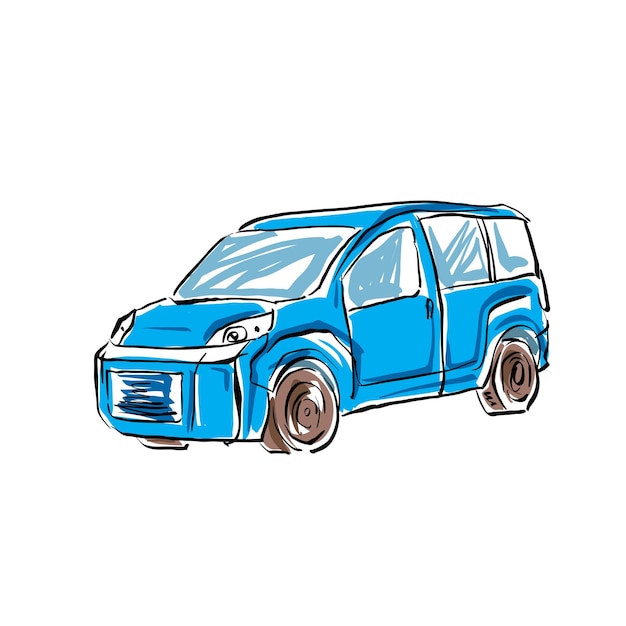 Carro desenhado à mão colorido sobre fundo branco, ilustração de uma minivan.