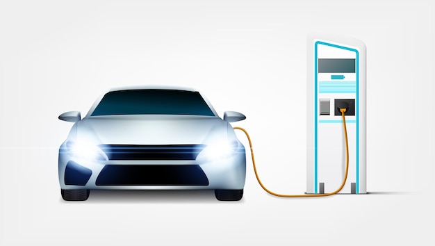 Carro Elétrico Branco Perto da Estação de Carregamento Elétrico