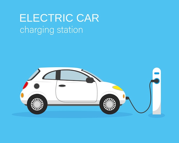Carro elétrico e estação de recarga em fundo azul