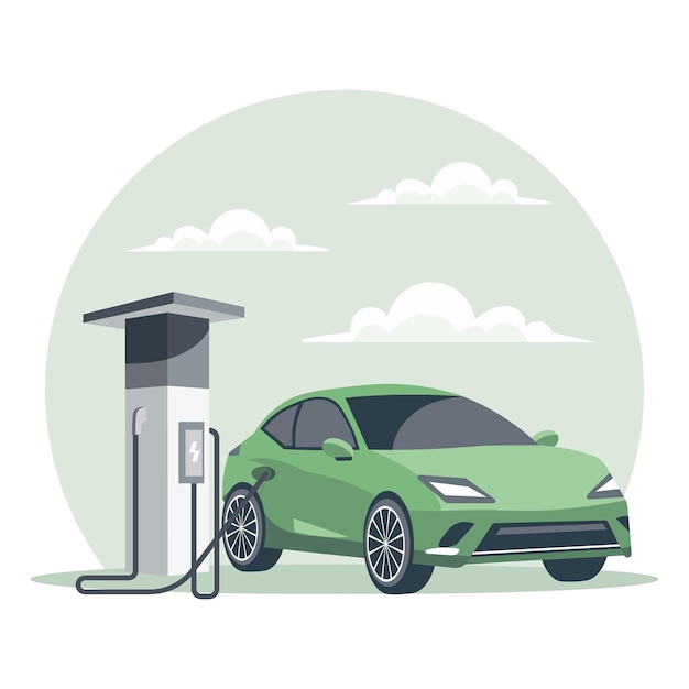 Carro elétrico moderno em uma estação de carregamento Tecnologia verde Banner de ilustração Vector