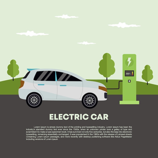 Carro elétrico na estação de carregador em estilo simples