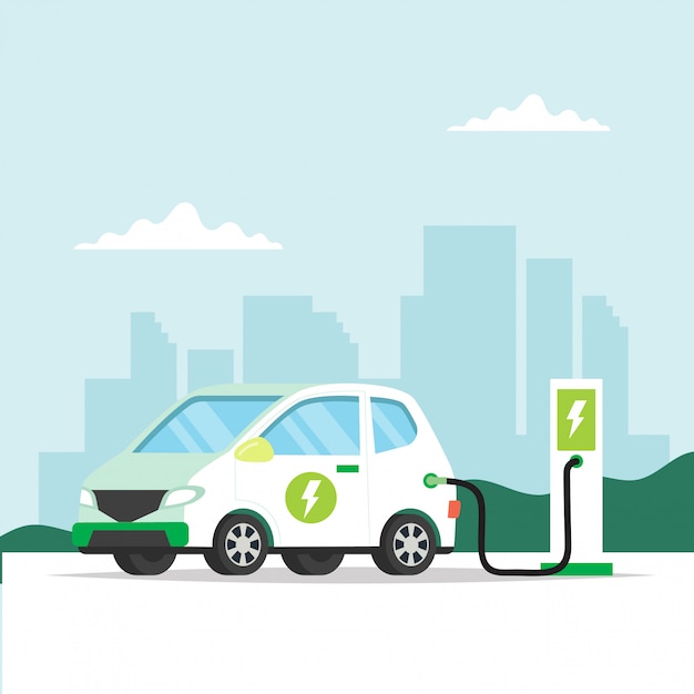 Carro elétrico que cobra com fundo da cidade. Ilustração do conceito de ambiente