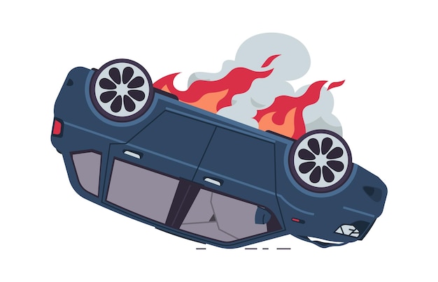 Carro em chamas carro invertido de acidente automobilístico dos desenhos animados com fogo veículo danificado, janelas quebradas e fumaça escura cartaz de tráfego rodoviário de publicidade de caminhão de reboque ilustração isolada de acidente automobilístico vetorial