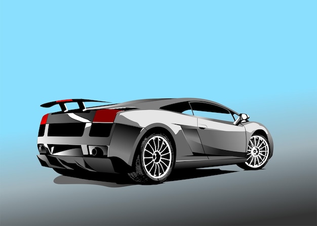 Carro esportivo cinza prateado na ilustração em vetor de cor 3d de estrada
