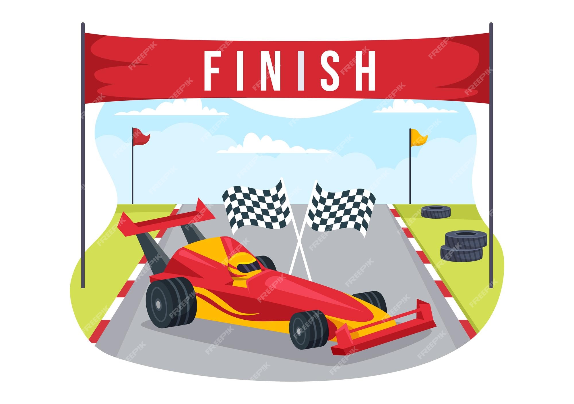 carro esportivo de corrida de fórmula alcance no circuito de corrida a  ilustração dos desenhos animados da linha de chegada para ganhar o  campeonato em design de estilo plano 9668869 Vetor no