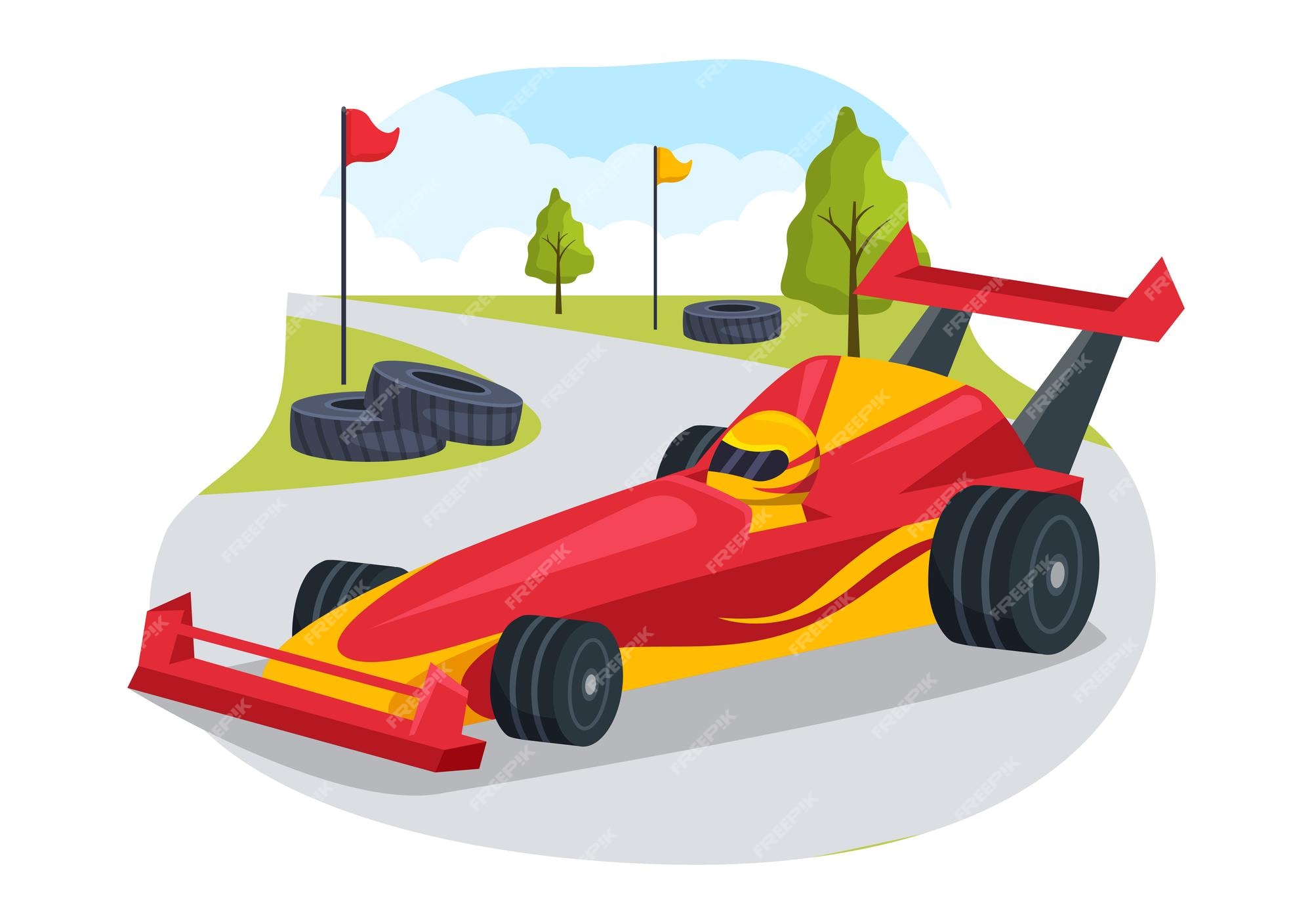 carro esportivo de corrida de fórmula alcance no circuito de corrida a  ilustração dos desenhos animados da linha de chegada para ganhar o  campeonato em design de estilo plano 9668869 Vetor no