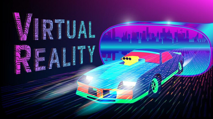Vetor carro futurista sai de óculos virtuais com paisagem urbana dentro e inscrição de realidade virtual perfurada com faixas de pcb em fundo roxo ilustração em projeção em perspectiva