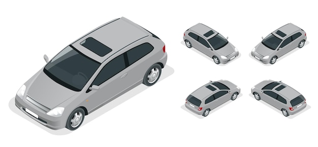 Carro hatchback de 3 portas isolado. Conjunto de ícones isométricos de vetor. Modelo de vetor de carro em fundo branco. A capacidade de alterar facilmente a cor. Transporte urbano.
