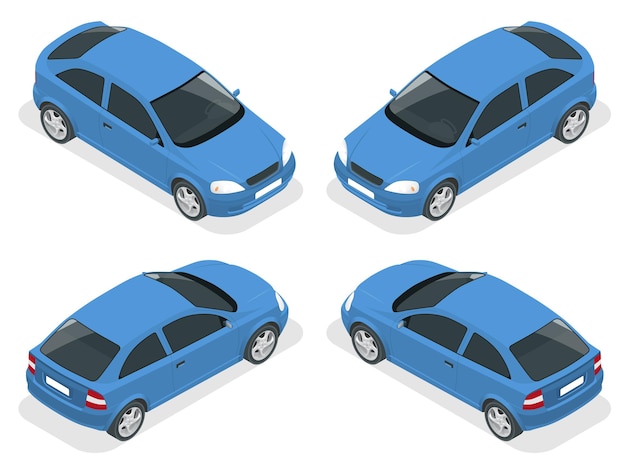 Carro isométrico. Carro hatchback. Conjunto de ícones de transporte de cidade de vetor 3d plano de alta qualidade