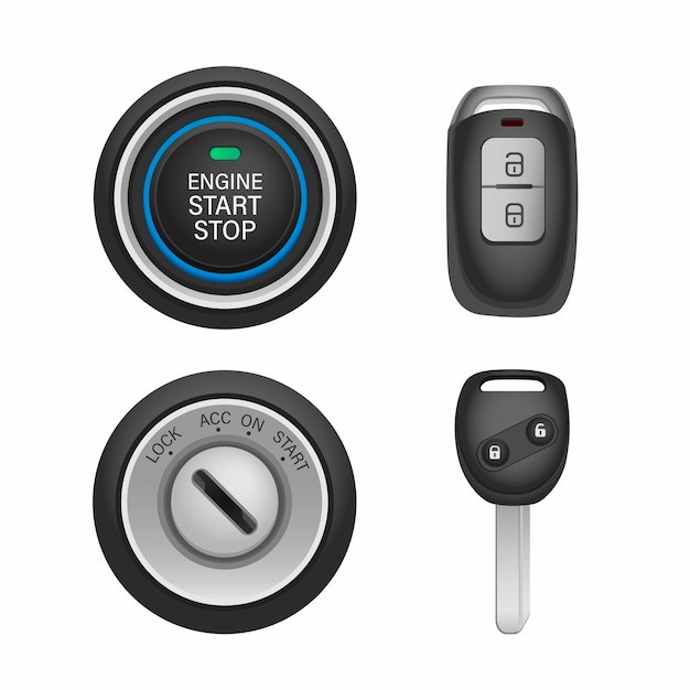 Carro keyless e fechadura com conjunto de ícones de chave remota.