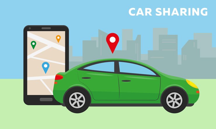 Vetor carro na cidade e grande smartphone com aplicativo de compartilhamento de carros na tela