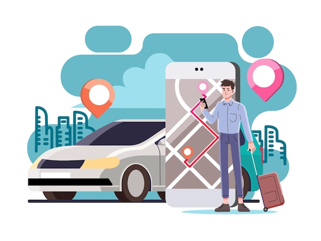 Carro online, peça o carro de transporte usando o telefone inteligente.