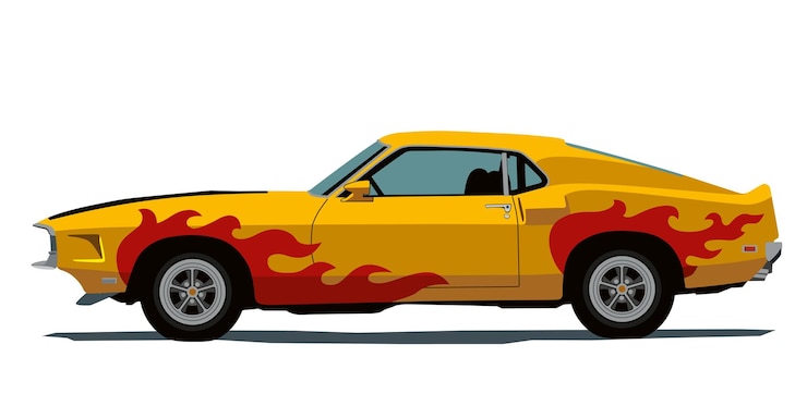 Carro retrô amarelo pop art dos anos setenta Vista lateral