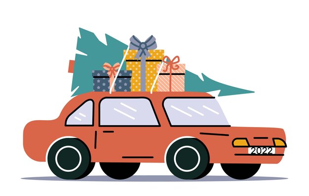 Carro retrô com árvore de natal e presentes de natal com bagagem. ilustração em vetor de carro antigo