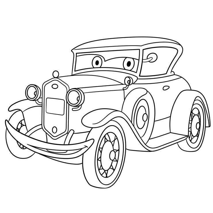 Vetor carro retrô de luxo. veículo de brinquedo dos desenhos animados com cara engraçada. página do livro para colorir para crianças.