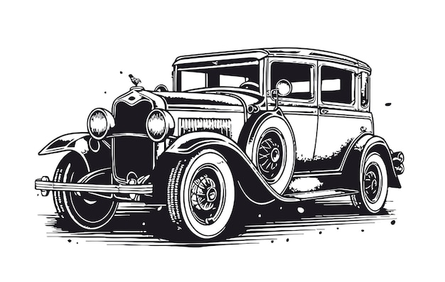 Carro retrô em preto e branco um esboço desenhado à mão destacado em uma ilustração vetorial de fundo branco