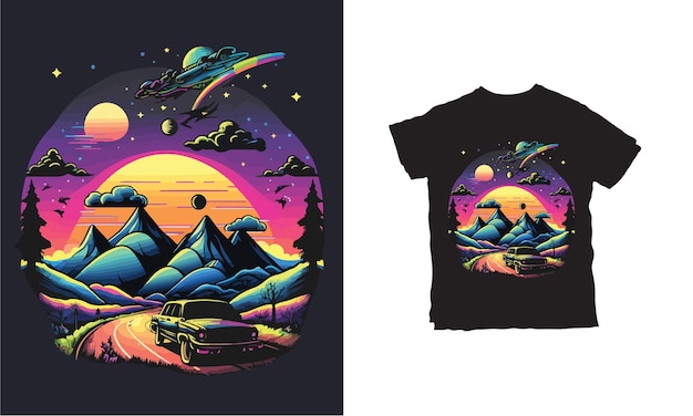 Carro retrowave em uma estrada de montanha camiseta