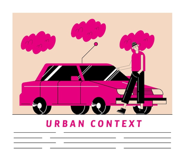 Carro rosa urbano e urbano e desenho de homem com tema moderno e estilo