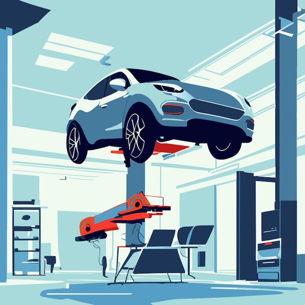 carro saindo da oficina mecânica ilustração vetorial plana 2