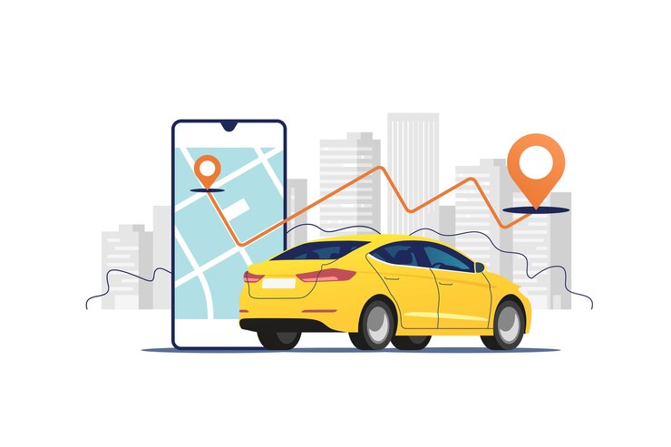 Vetor carro, smartphone com rota no fundo da paisagem urbana. sistemas de navegação automóvel e por satélite.