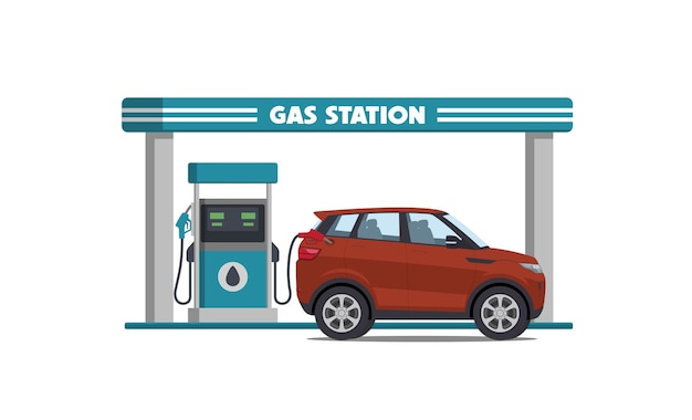 Carro suv de desenho animado na ilustração vetorial de posto de gasolina