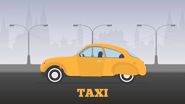 Carro táxi amarelo na frente da silhueta da cidade, ilustração vetorial em design plano simples.